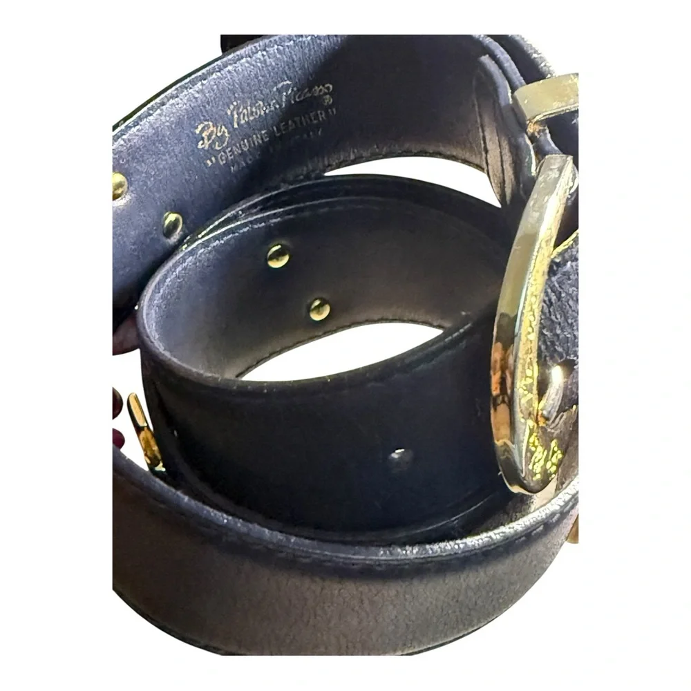 Paloma Picasso Vintage Navy Leather‎ X Buckle Belt Size M 75 Made in Italy Gold
